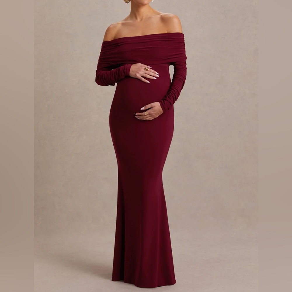 Club L London ODESSA Berry Bardot-Neck Maternity Maxi Dress